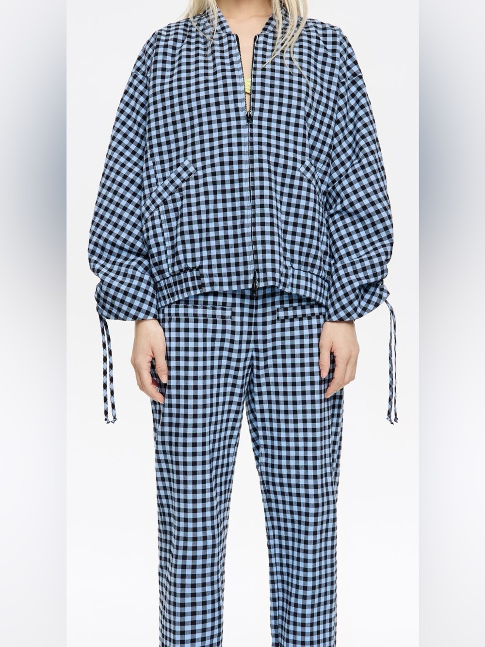 Bimba y Lola Powder Blue Checked Textured Bomber Jacket